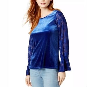 Kensie Blue Velvet and Lace Long Sleeve Top NWT M